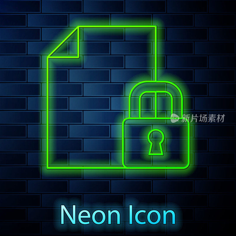 Glowing neon line Document and lock icon isolated on brick wall background. File format and padlock. Security, safety, protection concept. Vector